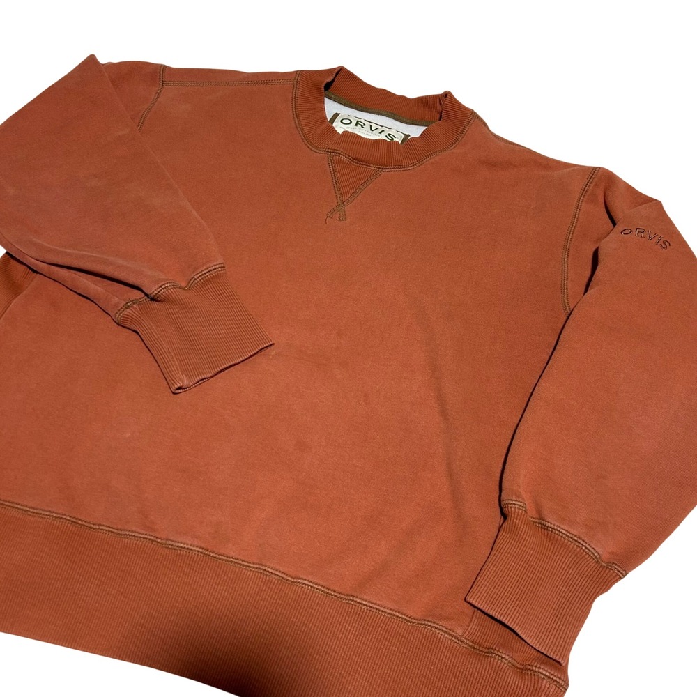 Orvis Sweatshirt Women Large Orange Crewneck Ribbed Side Pullover Stains